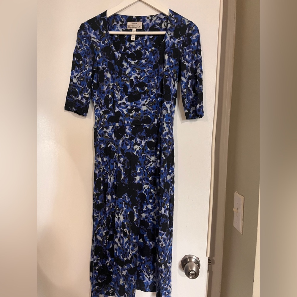 ERDEM Blue and Black 1/2 Sleeve Floral-Print Dress